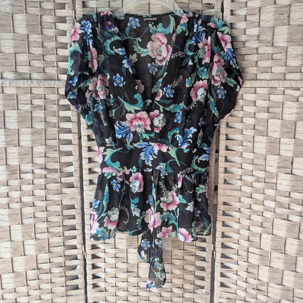 Sheer Peplum Top Black Floral V-Neck Wrap Tie Back Sz M Whimsigoth Romantic EUC